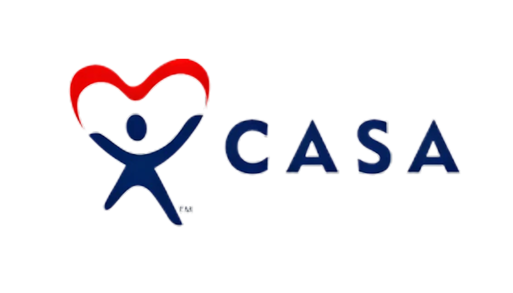 CASA logo with blue person figure reaching up under a red heart shape.